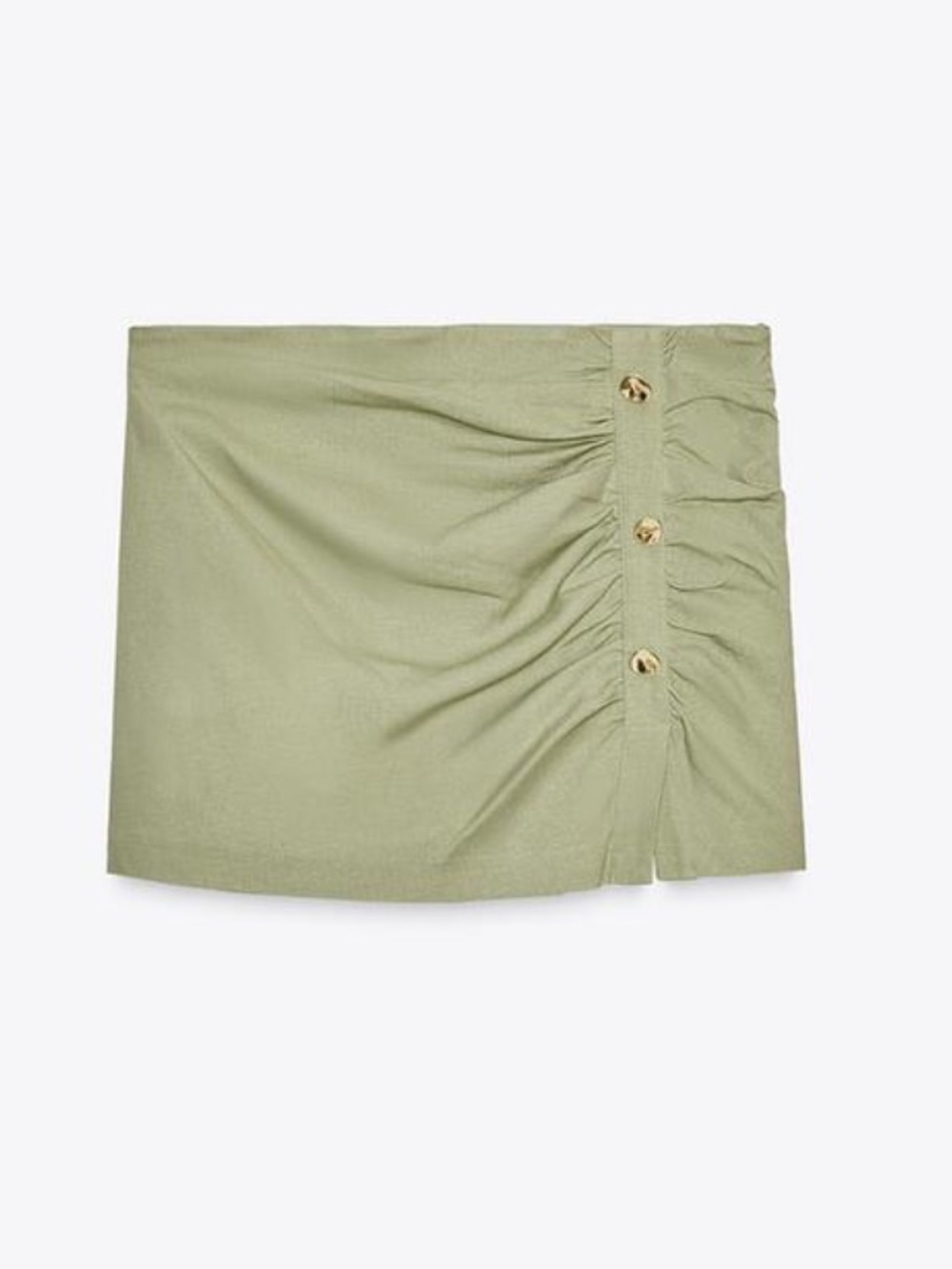 Zara Linen Khaki Sage Olive Green Ruched Side Zip Mini Skort Gold Buttons L